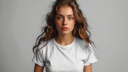 Obraz premium Portrait of a Young Woman with Wavy Hair in a White T-Shirt - Generative AI