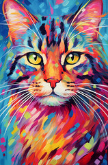 a colorful cat is shown in this colorful painting of a cat's face and eyes, with a blue background