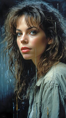 Abstract Illustration Beautiful Brown Hair Eyes Denim Shirt In The Rain