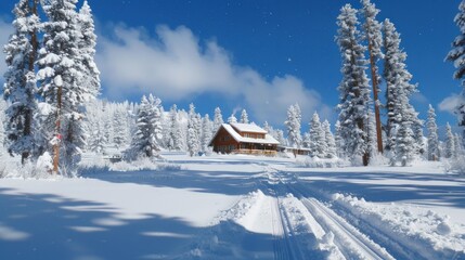 Snow-covered cabin in a snowy forest with a blue sky and clouds. Concept of winter wonderland, peace, relaxation and outdoor adventure.