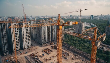Aerial view of multiple skyscrapers being built with cranes, highlighting urban development