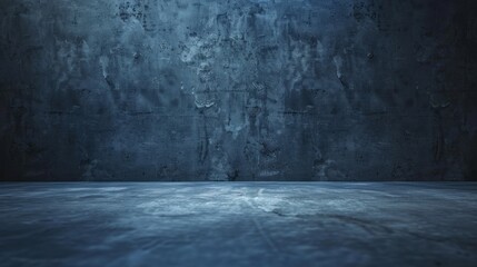 Empty Dark Blue Studio Background and Grey Floor Concrete perspective with blue soft light well editing Floor Display product and text present on Wall Room Empty free space Black Cement 