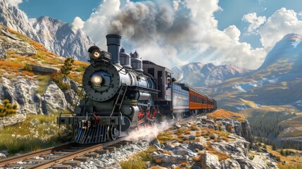Obraz premium A vintage steam locomotive chugging along a scenic mountain track