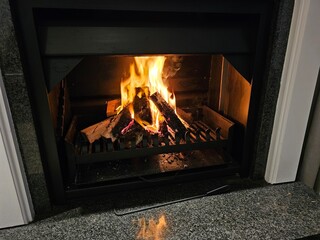fireplace with wooden logs resting on the grate, ready to be lit concept