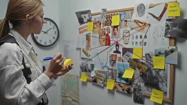 A focused woman detective examines evidence on a corkboard in a police investigation room.
