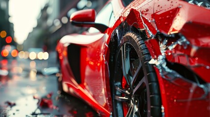 Fototapeta premium A red car is in a wreck on a rainy street