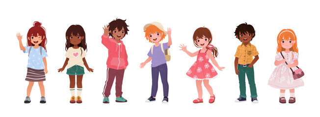 Collection of Multiracial Kids in Various Casual Clothes. Cute Cartoon Children, Funny Boys and Girls. Isolated Vector Illustrations on a White Background for Back to School and Educational Designs.