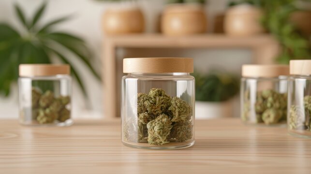 Eco-friendly cannabis packaging with reusable glass jars, displayed in a modern dispensary, sustainable marijuana products