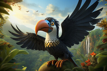 A cartoon toucan spreading its wings in the jungle.