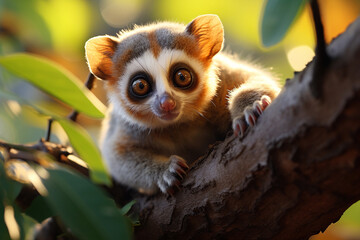 A cute slow loris sitting on a tree branch looking at the camera with big round eyes.
