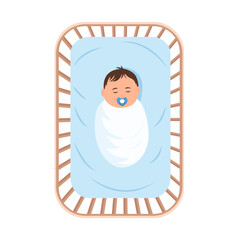 A baby peacefully sleeping in a crib. Top view.  The child, has a gentle smile on its face.Concept of baby comfort sleep. Vector illustration