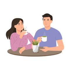 Young people with hot drinks talking during coffee break. Smiling man and woman chatting. Flat vector illustration isolated on white background