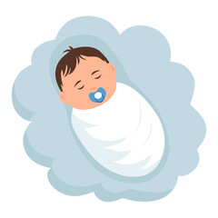 Cute baby sleeping on a cloud isolated.Concept of newborn comfort sleep. Vector illustration