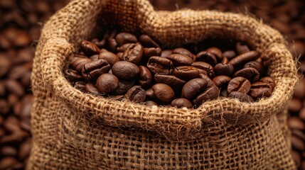 Freshly roasted coffee beans surround a rustic brown bag, hinting at the delightful aroma and rich flavor waiting inside