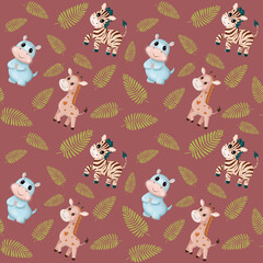 Nursery seamless pattern digital illustration with baby hippo, giraffe and zebra, plants and sun on color background. Hand drawing. Perfect for kids apparel, fabric, textile, nursery decoration