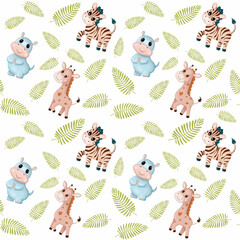 Nursery seamless pattern digital illustration with baby hippo, giraffe and zebra, plants and sun on color background. Hand drawing. Perfect for kids apparel, fabric, textile, nursery decoration