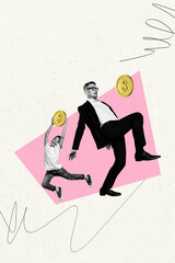 Vertical poster collage young businessman football player golden coin ball earnings investor young kid son jump drawing background