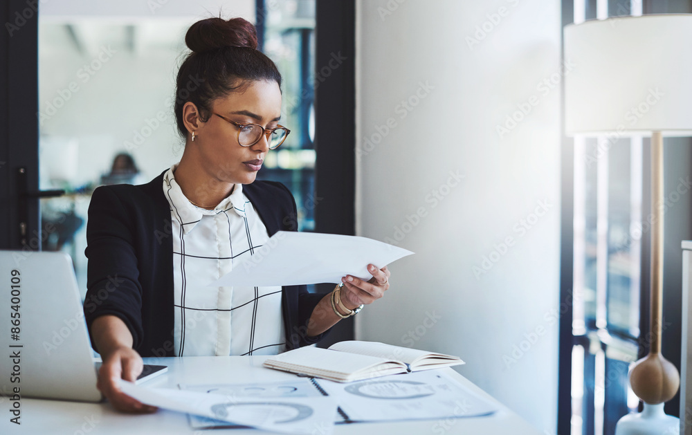 Sticker Laptop, documents and report with female attorney at work in office for law firm or case thinking. Computer, evidence and paperwork with business woman or lawyer working with online court review