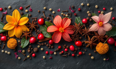 Colorful Flowers and Spices on Black Background