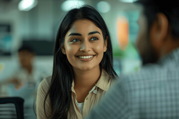 Naklejka premium Smiling Professional Indian Woman Engaging in Conversation with Colleague in Office