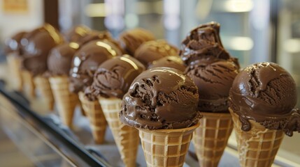 Fototapeta premium Close up view of chocolate ice cream scoops in wafer cones displayed on a stand