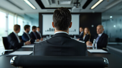 Fototapeta premium A group of business strategists, wearing formal business attire, gathered around a conference table in a professional meeting room