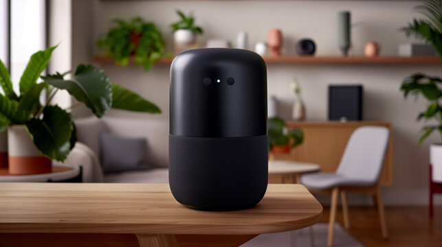 A cylindrical smart home speaker in blacky color, positioned on a minimalist wooden shelf in living room