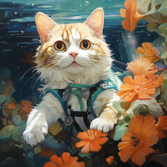 A cute cat wearing a diving suit is exploring an underwater garden