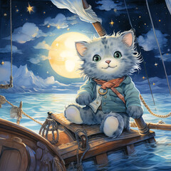 A cute cat in a blue shirt and red scarf is sitting on a wooden raft in the middle of the ocean, looking up at the night sky.
