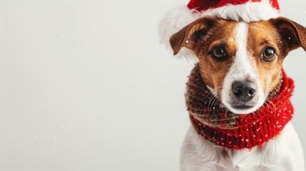 Christmas themed adorable dog on white background with space for text