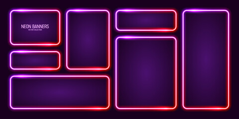 Glowing neon banners, illuminated colorful square frames. Shiny vibrant border, glow effect. Purple vintage retro lights, night illumination. Modern futuristic UI design elements. Vector illustration