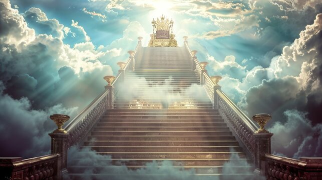 Golden staircase leading up to a golden throne in the clouds.