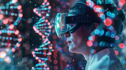 A scientist wearing advanced VR goggles, immersed in a virtual reality environment where they interact with 3D holographic DNA models, manipulating genes and sequences in real-time