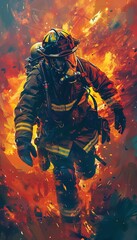 Fototapeta premium Heroic firefighter in full gear courageously battles an intense blaze, surrounded by vibrant flames and smoke, symbolizing bravery and rescue.