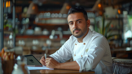 Obraz premium A cinematic photo of an Egyptian male chef sitting at a table in his restaurant