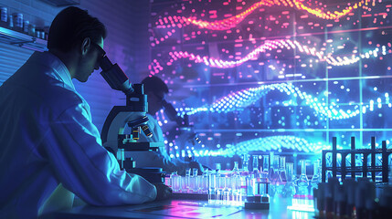 Scientists in a futuristic lab examining an alien DNA sample under a microscope, with the DNA strands displaying unusual colors and patterns, hinting at extraterrestrial origins