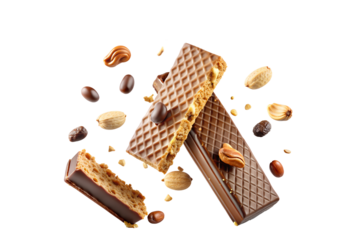 Chocolate bar wafer falling with choc flake in the air isolated on background, peanut crispy snack, dessert sweet concept, piece of dark chocolate.
