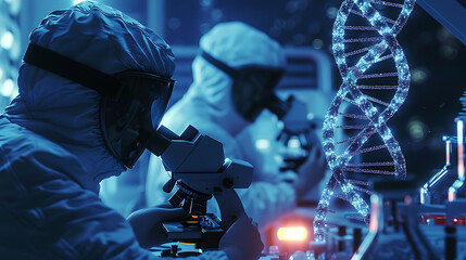 Scientists in a futuristic lab examining an alien DNA sample under a microscope, with the DNA strands displaying unusual colors and patterns, hinting at extraterrestrial origins