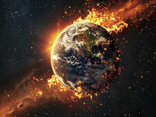 A fiery Earth engulfed in flames against a starry backdrop, symbolizing environmental destruction and climate change.