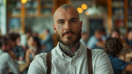 Obraz premium A handsome bald man with tattoos and stubble wearing suspenders in front of students at the university