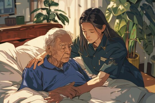 Nurse providing compassionate care to an elderly patient in a cozy, sunlit room with green plants.