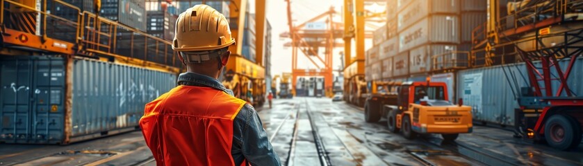 A worker in a hard hat walks through a busy shipping container yard.