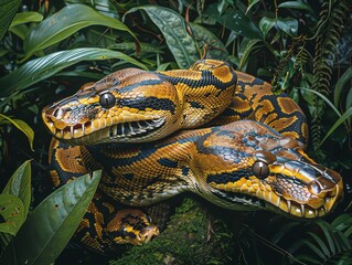 Obraz premium Two snakes with intricate patterns lie camouflaged amongst vibrant green foliage.
