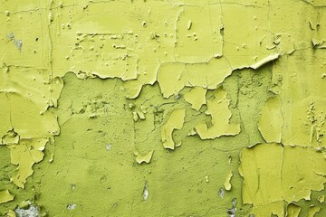 Abstract backdrop of aged wall with peeling green plaster, creating a weathered and textured surface