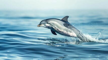 Majestic dolphin gracefully surfacing above azure waters, its sleek form gliding effortlessly in its natural habitat