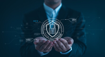 Cybersecurity and privacy concepts to protect data. Lock icon and internet network security technology. Businessman protecting personal data on smartphone, virtual screen interfaces. cyber security.