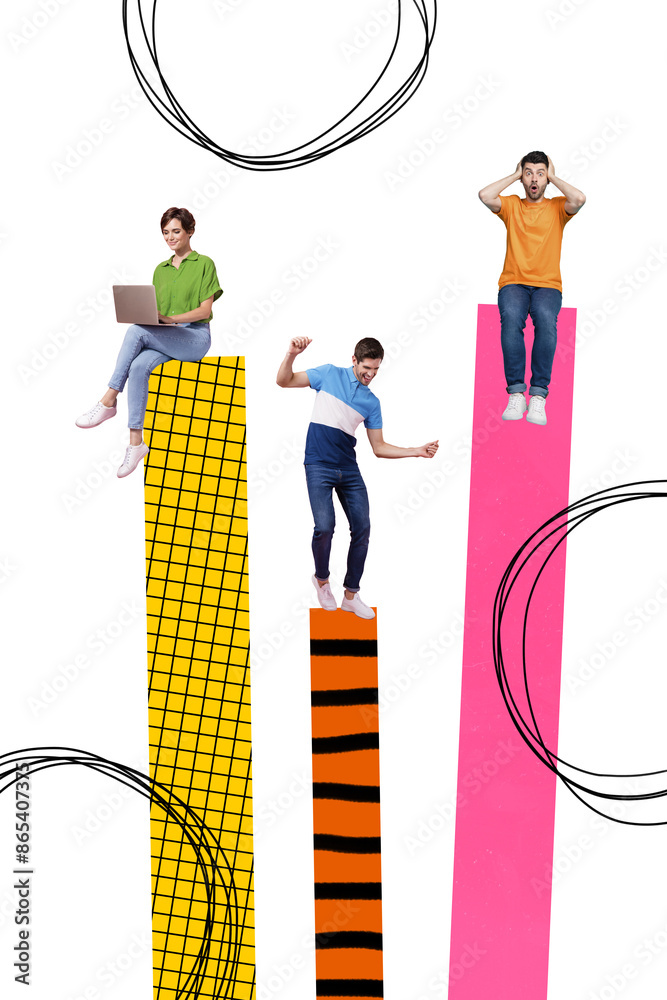 Poster collage vertical sketch of professional people working achieving result success isolated on drawing 