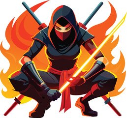 Powerful female ninja warrior holding glowing sword in fiery scene © frrlbt