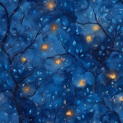 watercolor Night sky with celestial bodies intertwined with glowing vines, deep blues and purples, magical and serene, seamless repeating pattern, minimal pattern, high contrasty