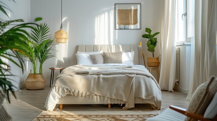 bedroom with bed and pillows blankets, comfy and cozy